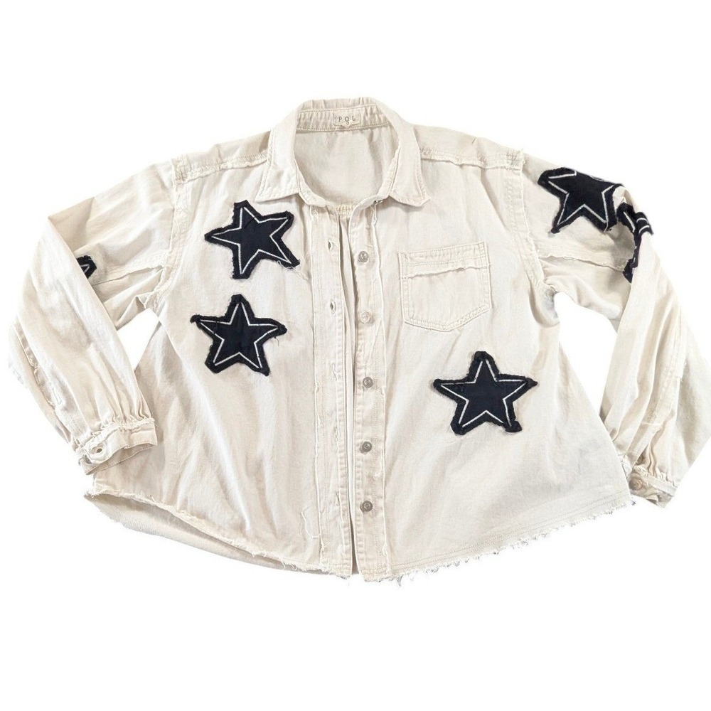 POL Star Patch Button Down Shirt Cream Cotton Raw Hem Boho Western Small Shacket